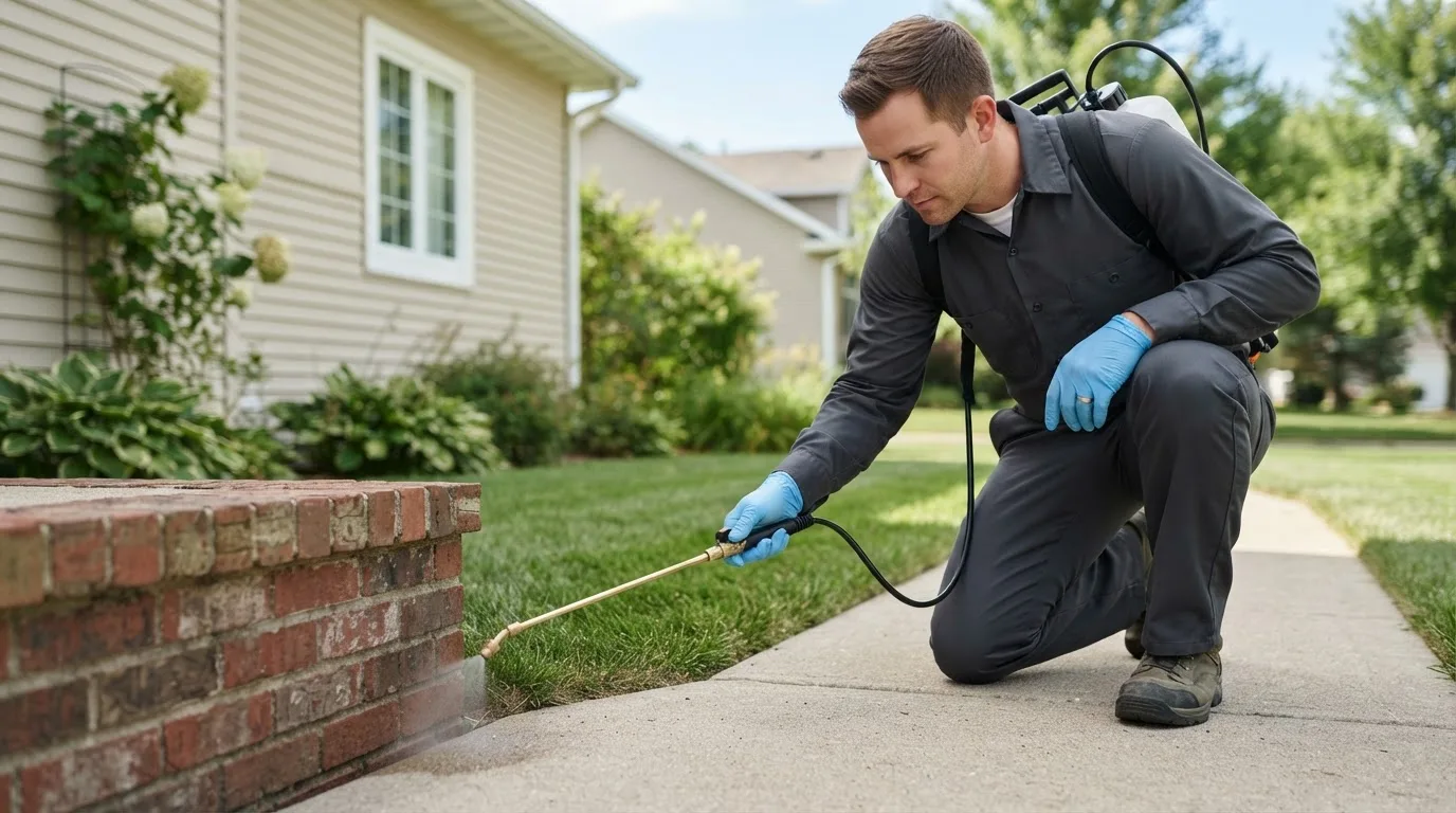 Pest control technician treating a home near Clarence, PA