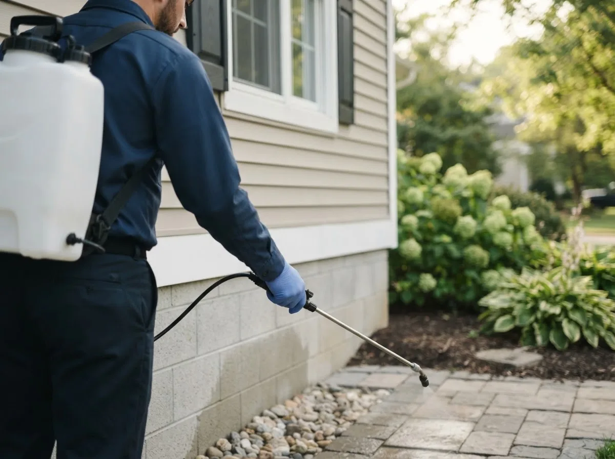 Pest control technician inspecting a home in Clarence, PA